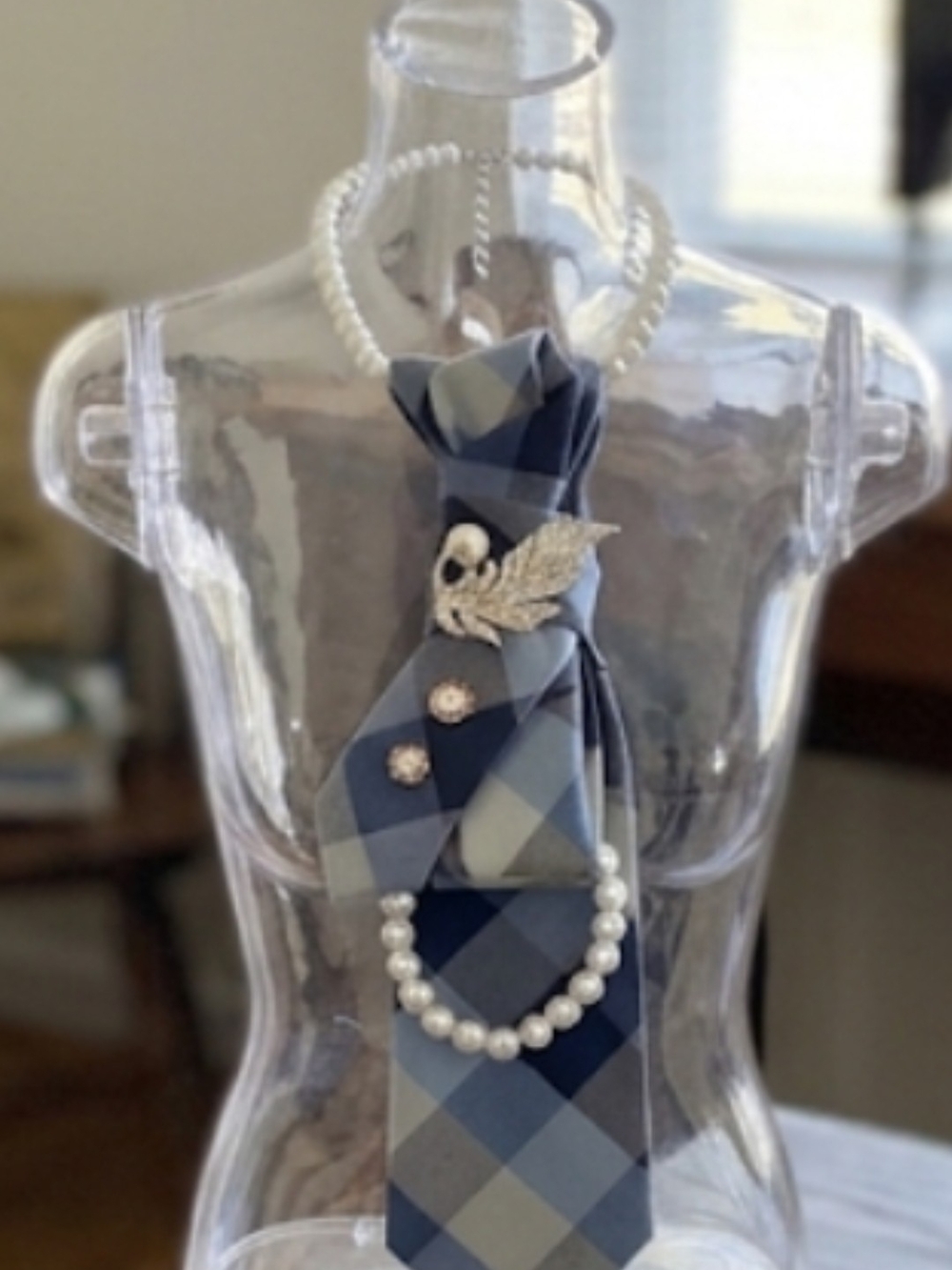 Plaid Blue Necktie Statement Necklace with Pearls and Brooch